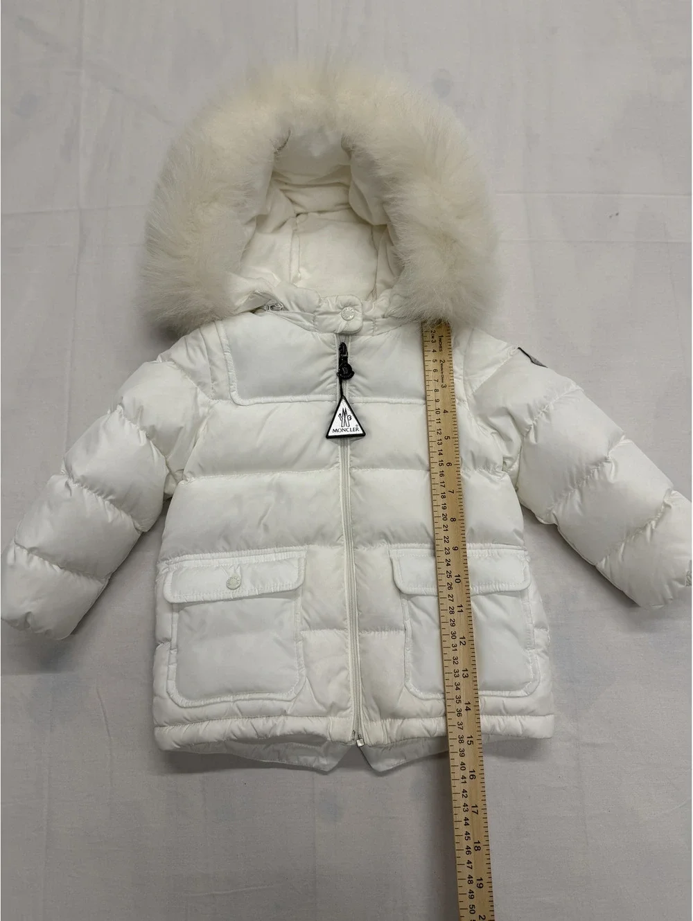 Moncler White Puffer Jacket with Fur Hood for Kids Size 18-24 Months
